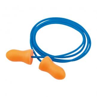 A pair of orange Ep22 disposable foam ear plugs held together by a cord